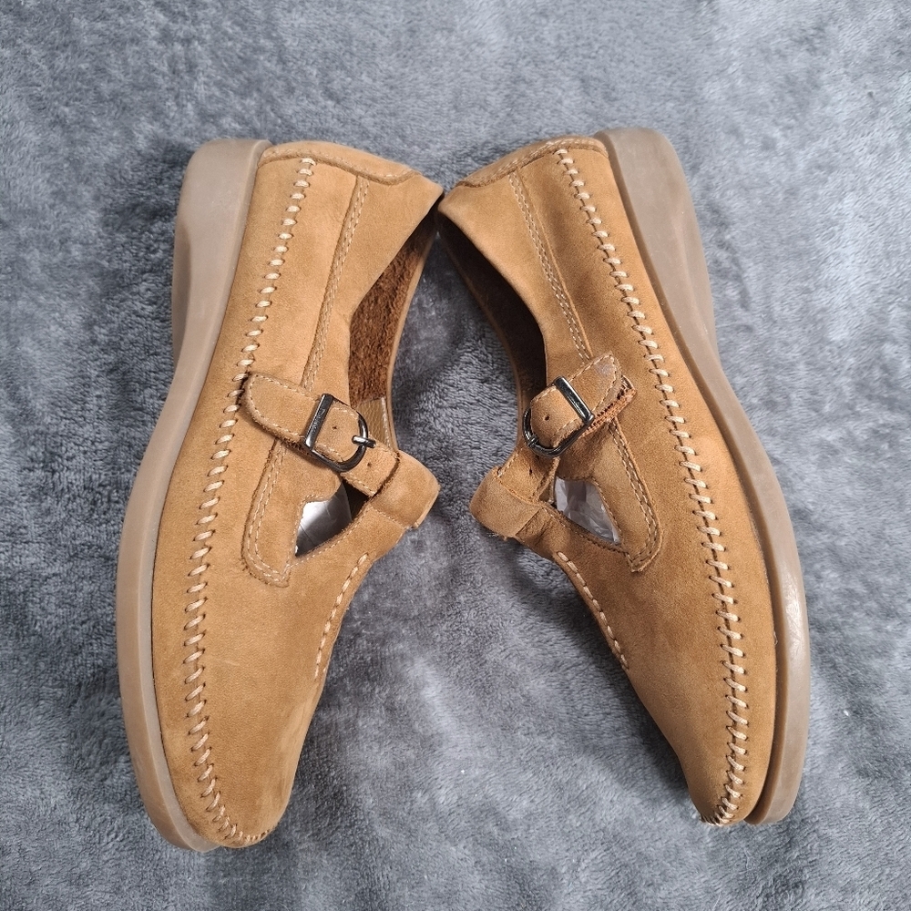 Dex Classic Leather T-Bar Confort Shoes Women's Size 7W Tan Mary Jane Boho Chic - Picture 6 of 8